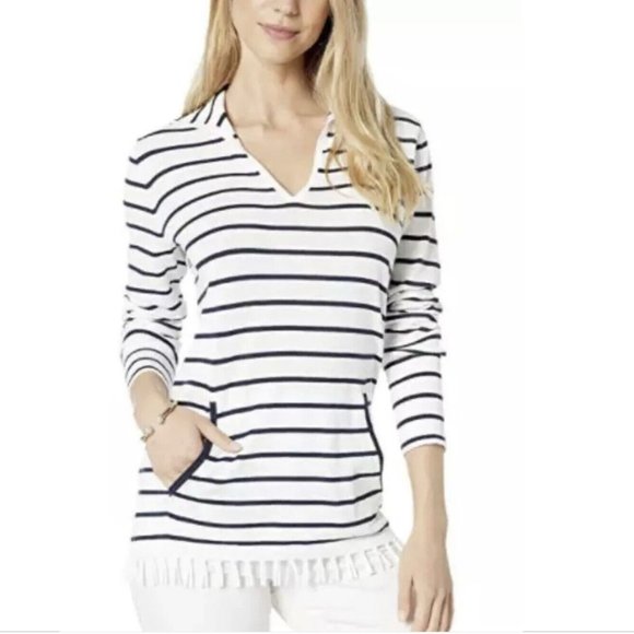 EUC Lilly Pulitzer Maritime Stripe Fringe Hem Crestwood Resort Sweater - Picture 1 of 12